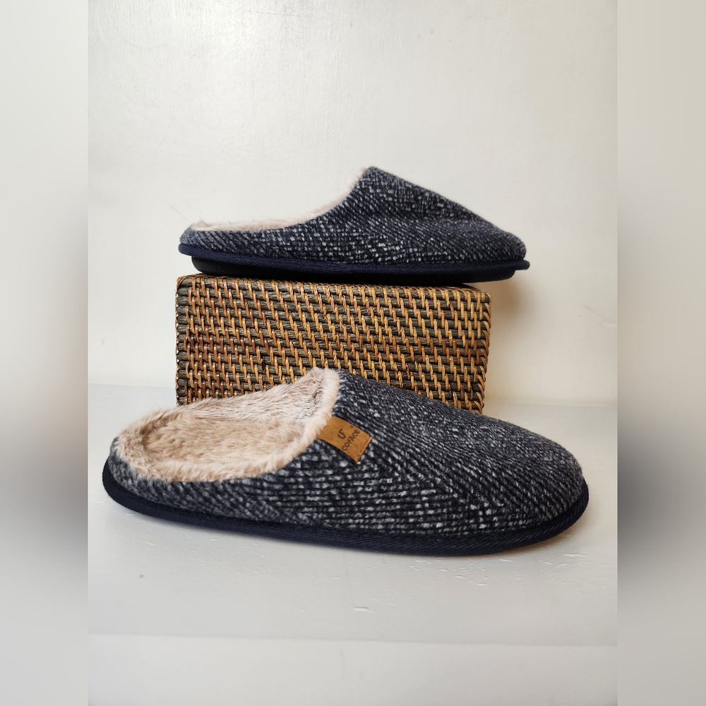 Coface Black/Cream Herringbone Faux Fur Lined  Scuff Slip-On Slippers